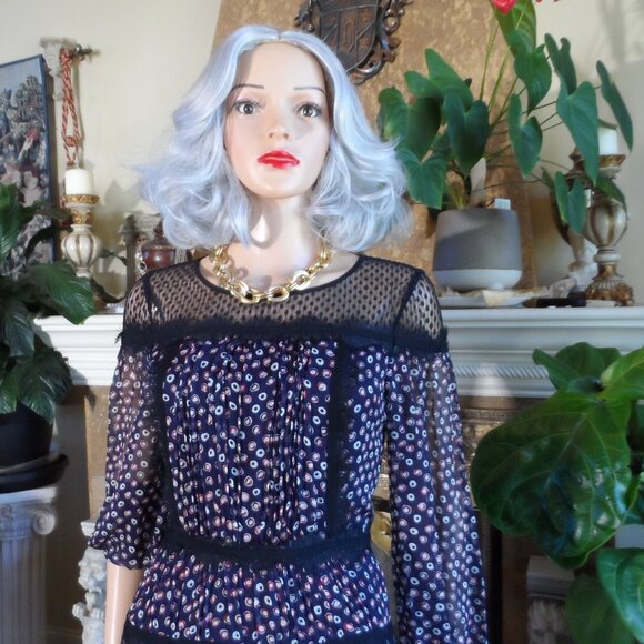 New Diane Von Furstenberg Navy Blue Multi 100% Silk Chiffon Peasant Dress Size 2 - Picture 3 of 16